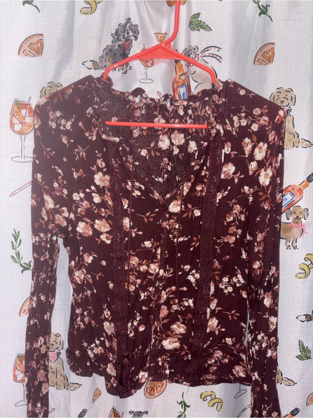 Floral Ruffle-Trim Long Sleeve Top - Brown - Picture 2 of 6
